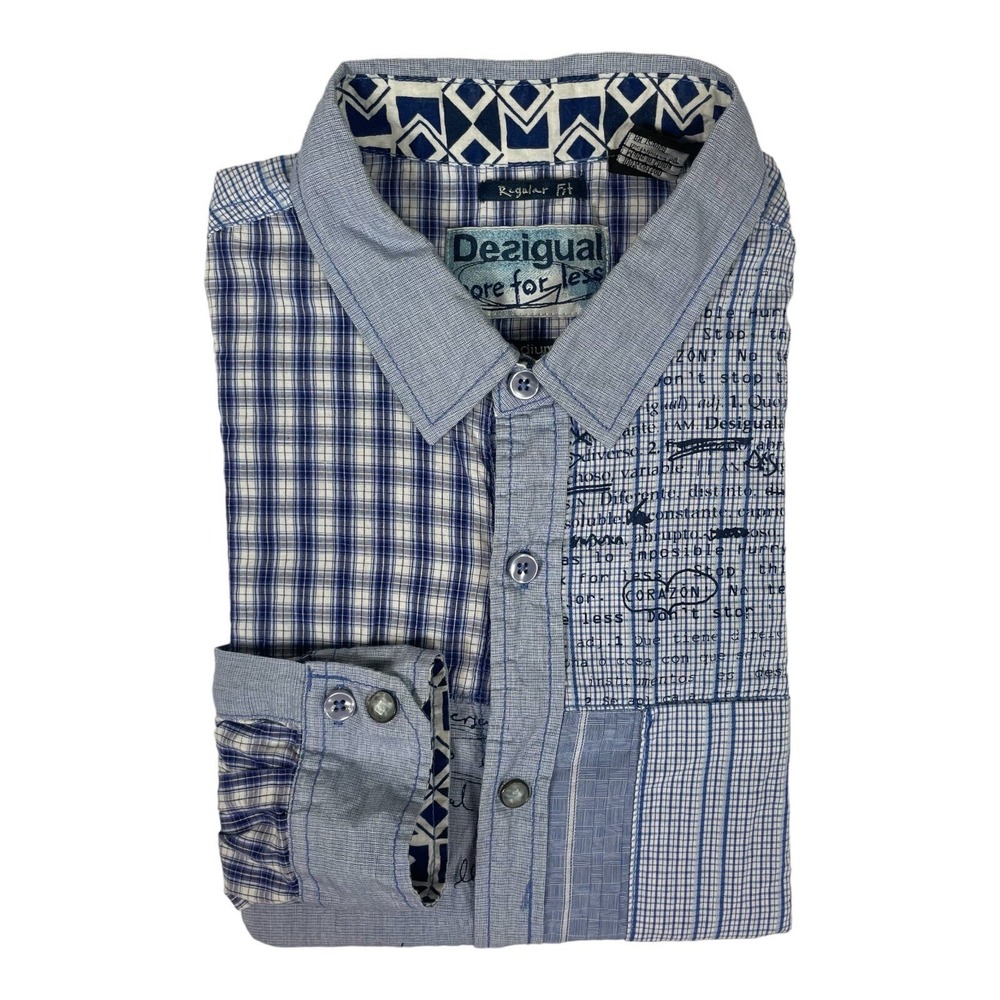 Desigual Mens Blue Colorblock Graffiti Cotton Button Front Shirt Size Medium